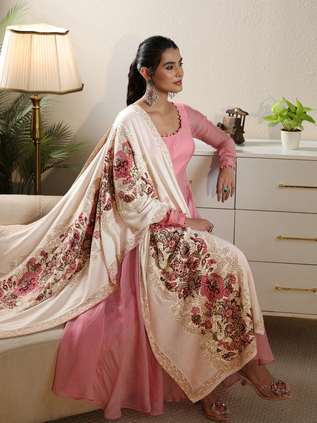  Libas Off White Floral Knitted Acrylic Shawl 
