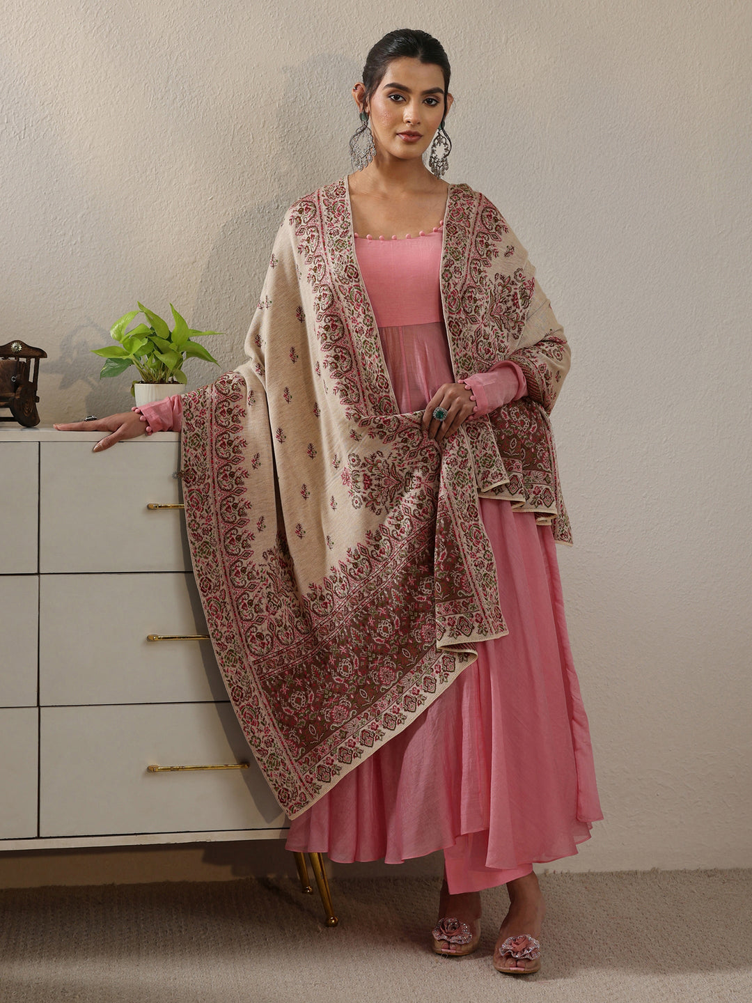  Libas Off White Floral Knitted Acrylic Wrap Shawl 