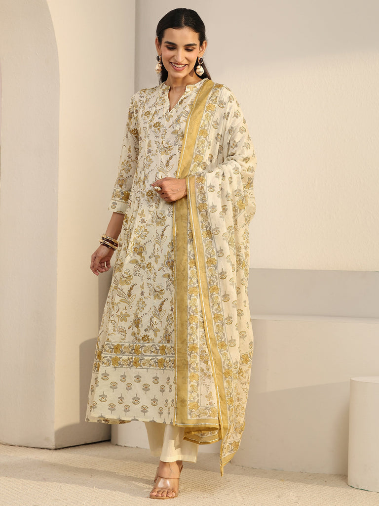 Libas Off White Floral Printed Cotton Anarkali Suit Set