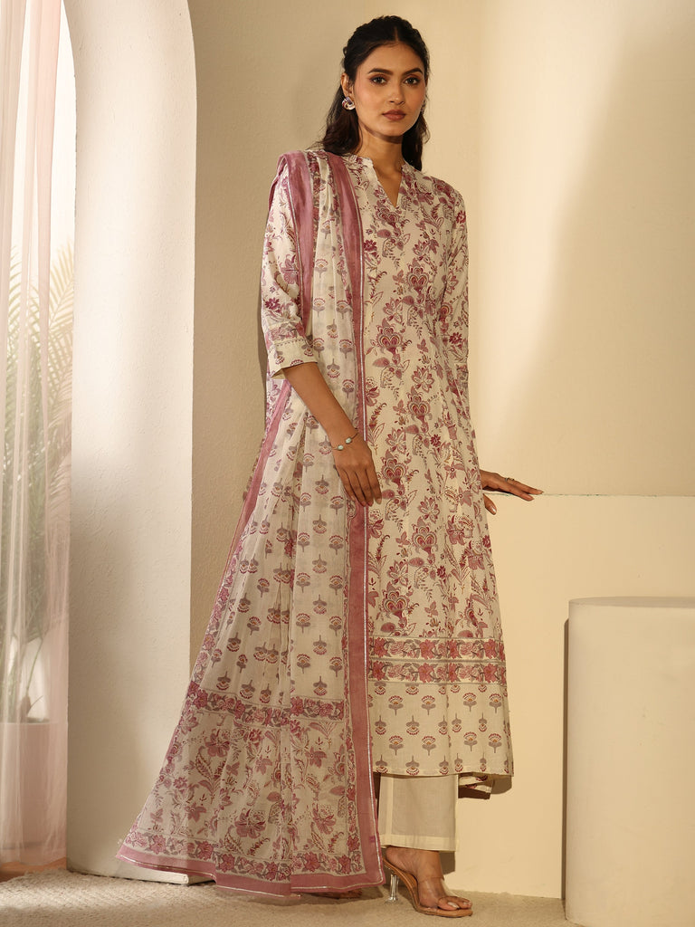 Libas Off White Floral Printed Cotton Anarkali Suit Set