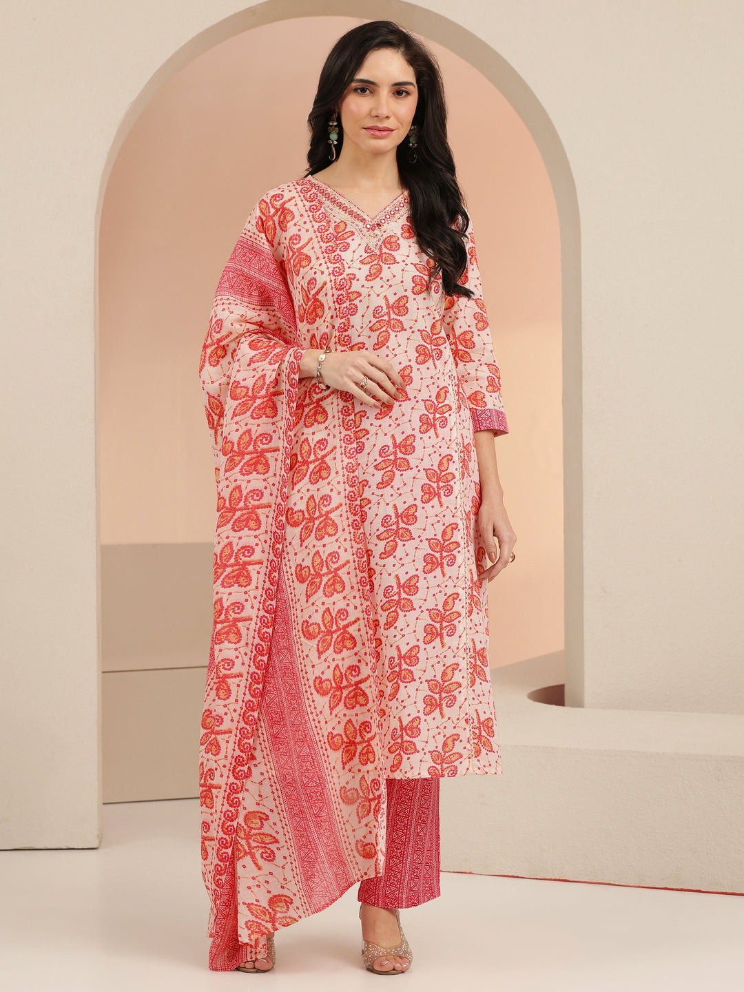  Libas Off White Floral Printed Cotton Straight Suit Set 