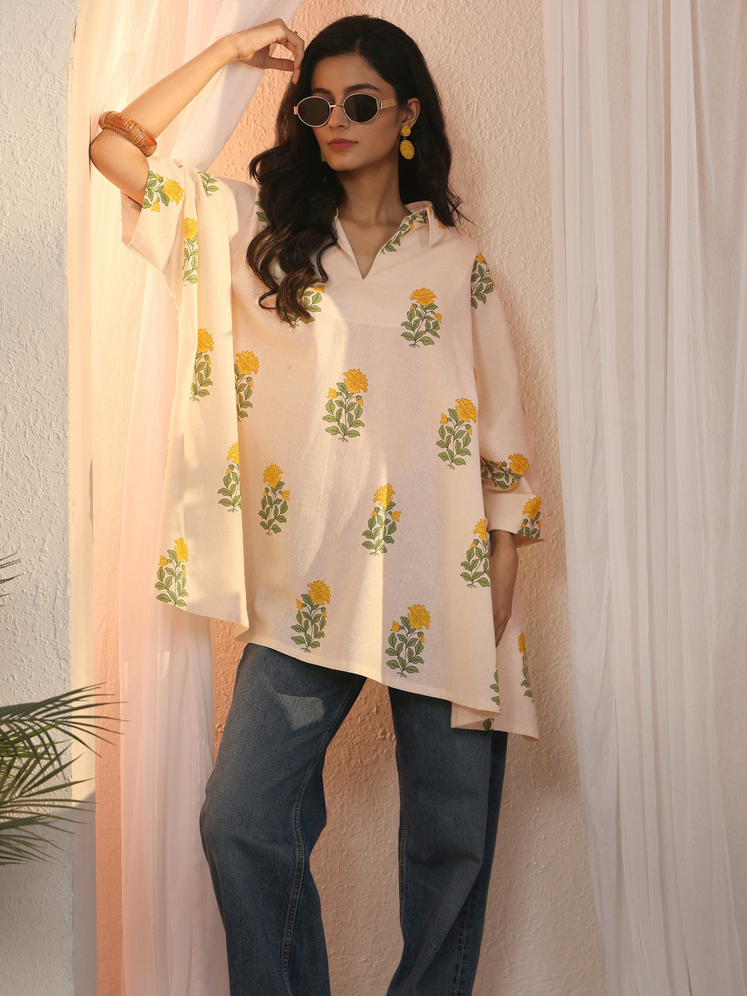  Libas Off White Floral Printed Kaftan Style Cotton Short Kurti 
