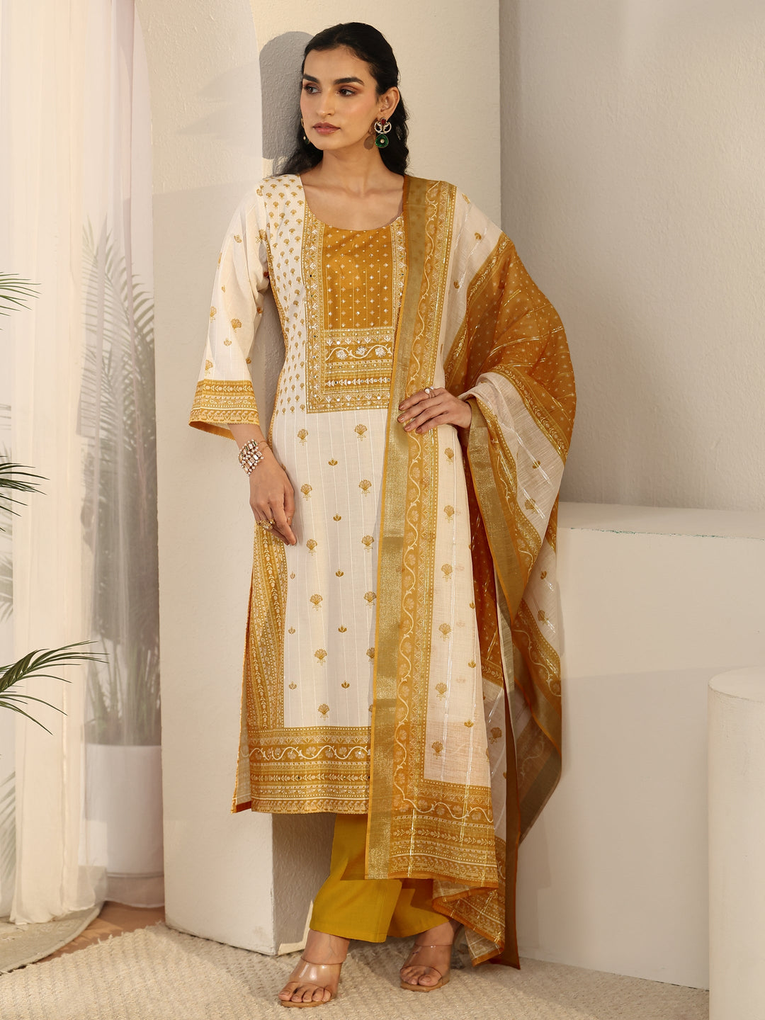  Libas Off White Floral Printed Linen Straight Suit Set 