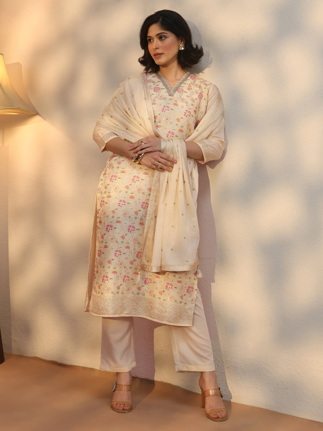  Libas Off White Floral Woven Design Silk Blend Straight Suit Set 