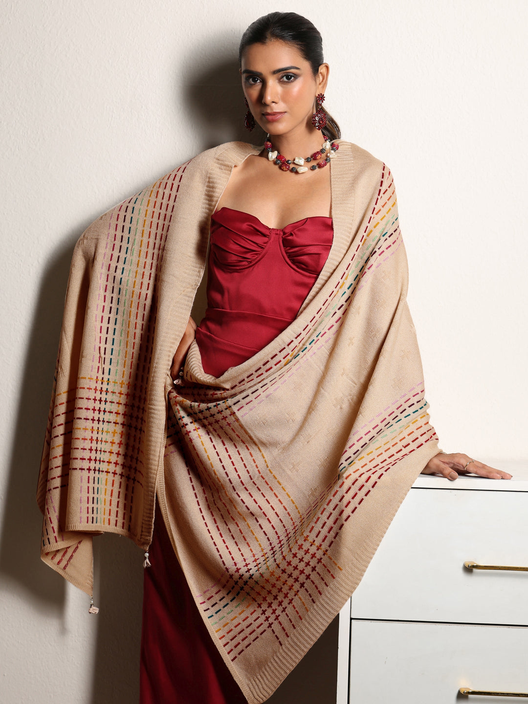 Libas Off White Geometric Knitted Acrylic Shawl