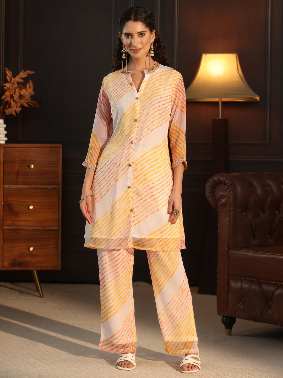  Libas Off White Leheriya Printed Chiffon Co-Ord Set 