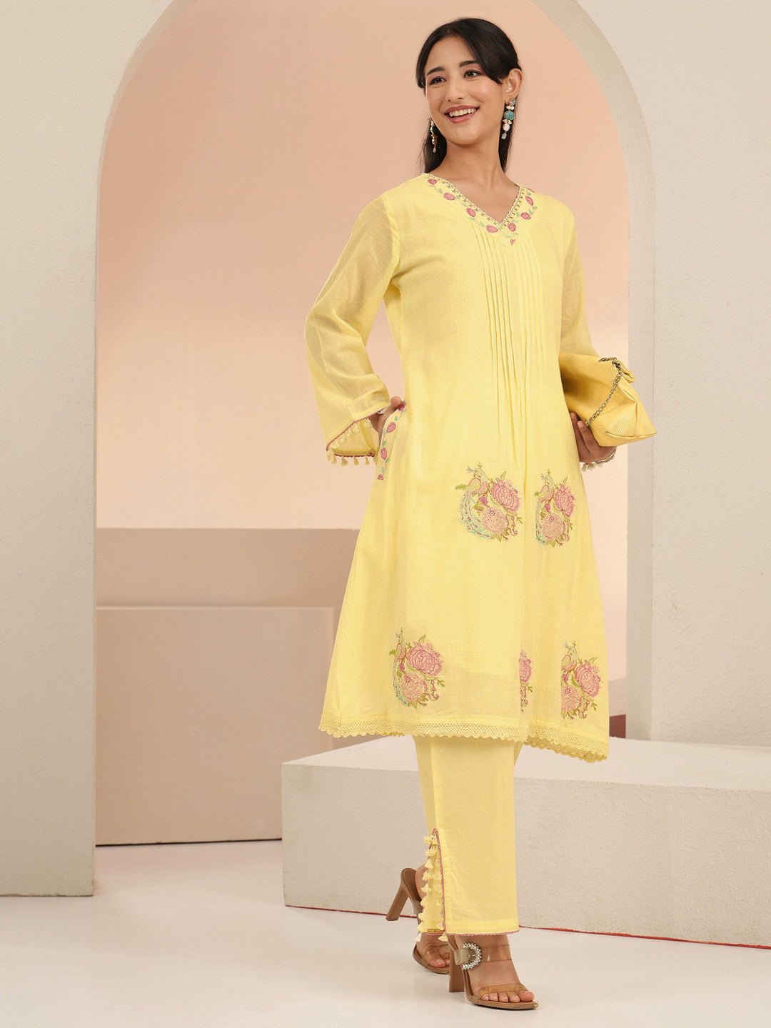  Libas Off White Peacock Motif Cotton A-Line Kurta Set 