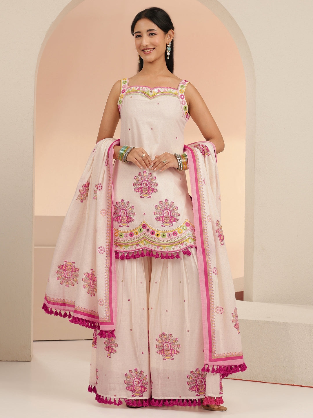 Libas Off White Printed Cotton Sharara Suit Set with Tassel Details 
