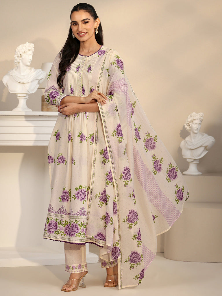Libas Off White Rose Print Cotton Straight Suit Set