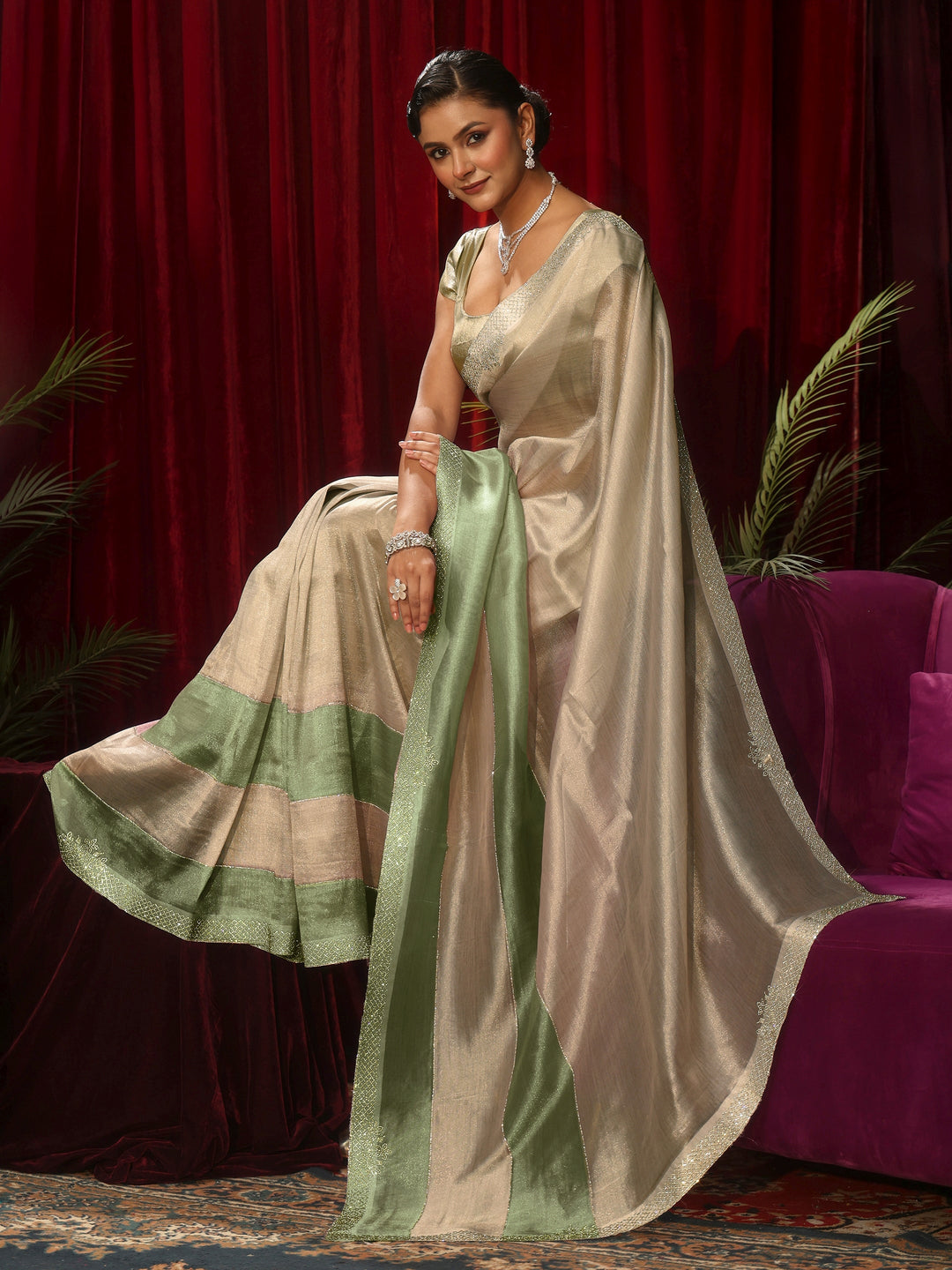 Libas Off White Stone Work Tissue Saree