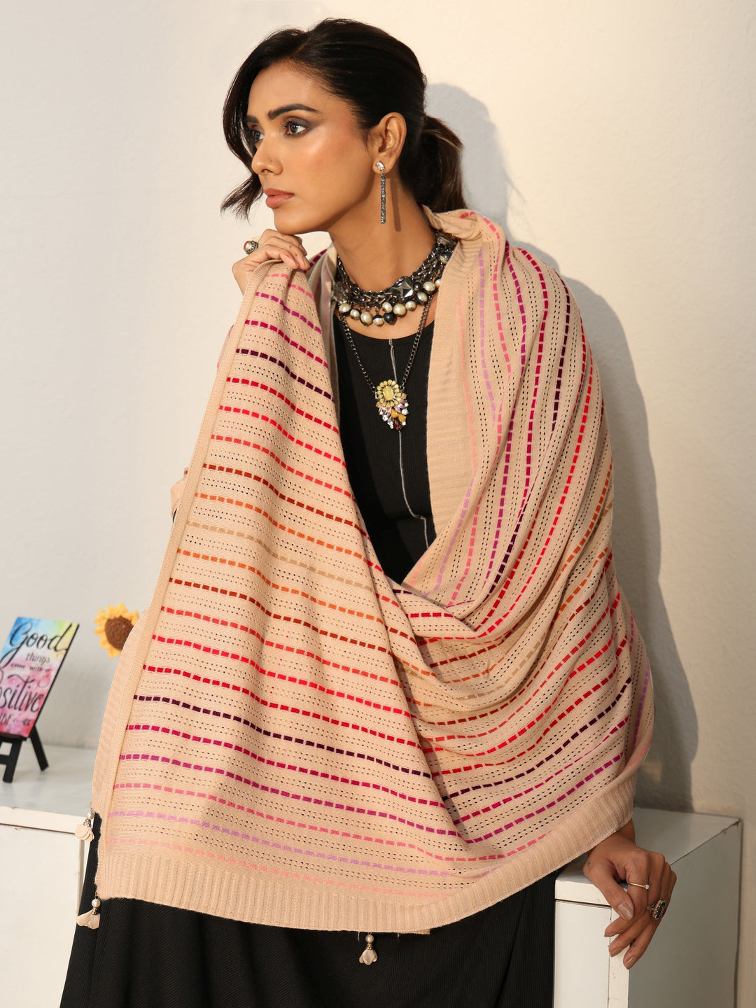 Libas Off White Striped Knitted Acrylic Shawl