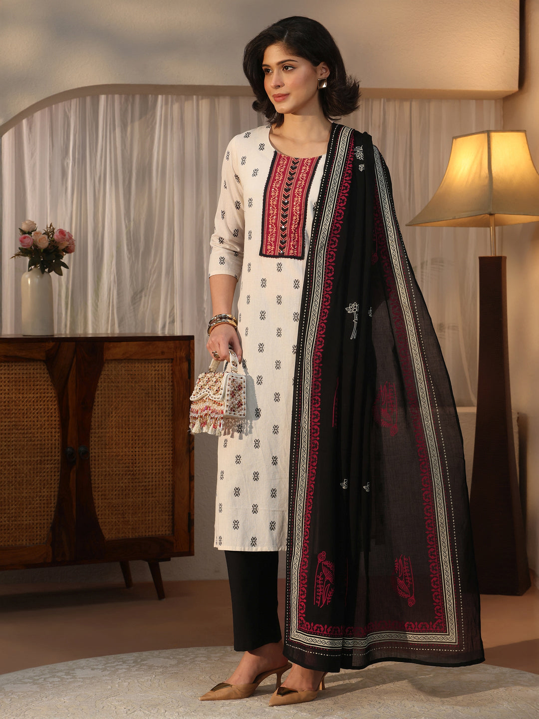  Libas Off White Woven Design Cotton Blend Straight Suit Set 