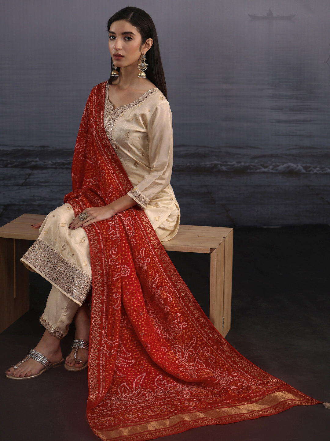 Libas Off White Woven Design Silk Blend Straight Suit Set