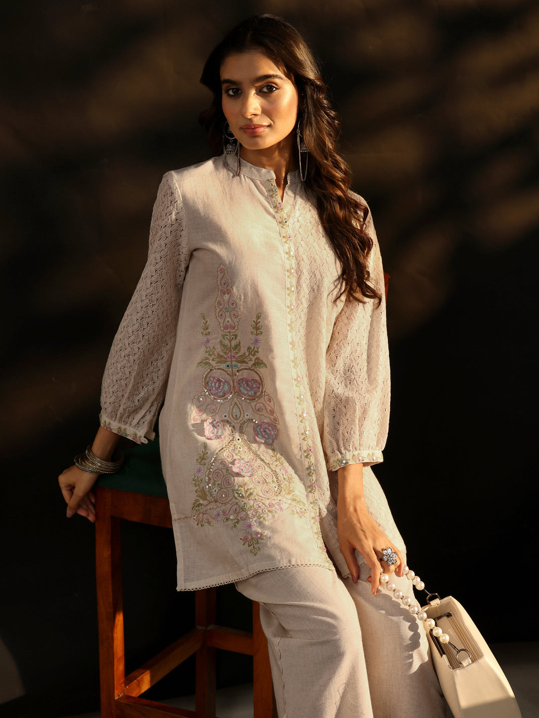  Libas Off white Floral Embroidered Cotton Straight Kurta Set 