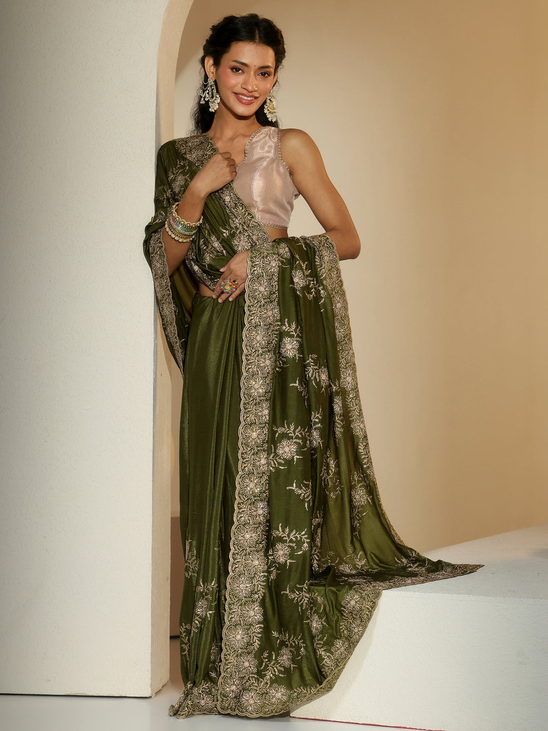  Libas Olive Geen Floral Embroidered Satin Saree 