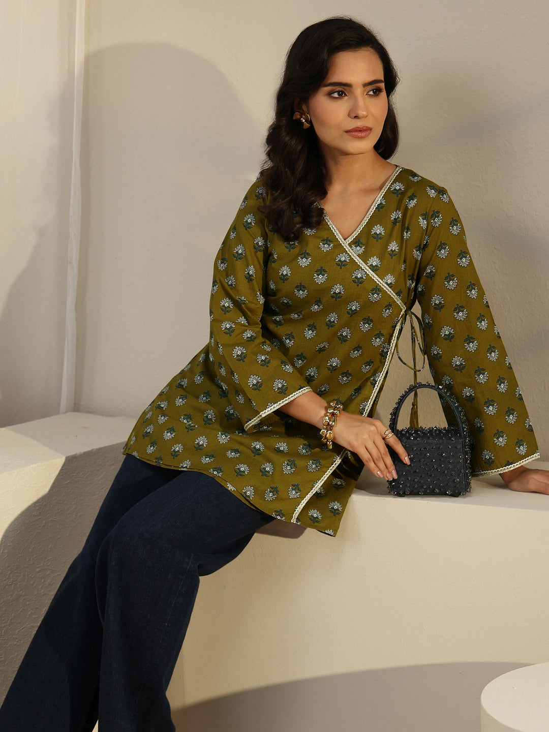  Libas Olive Green Angrakha Floral Printed Cotton Short Kurti 