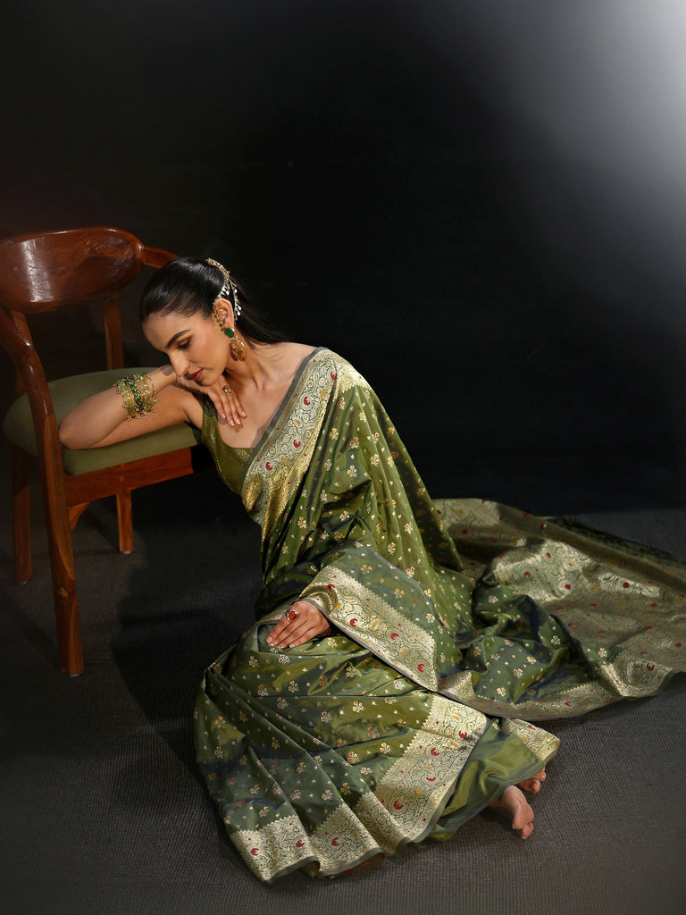 Libas Olive Green Banarasi Silk Blend Saree