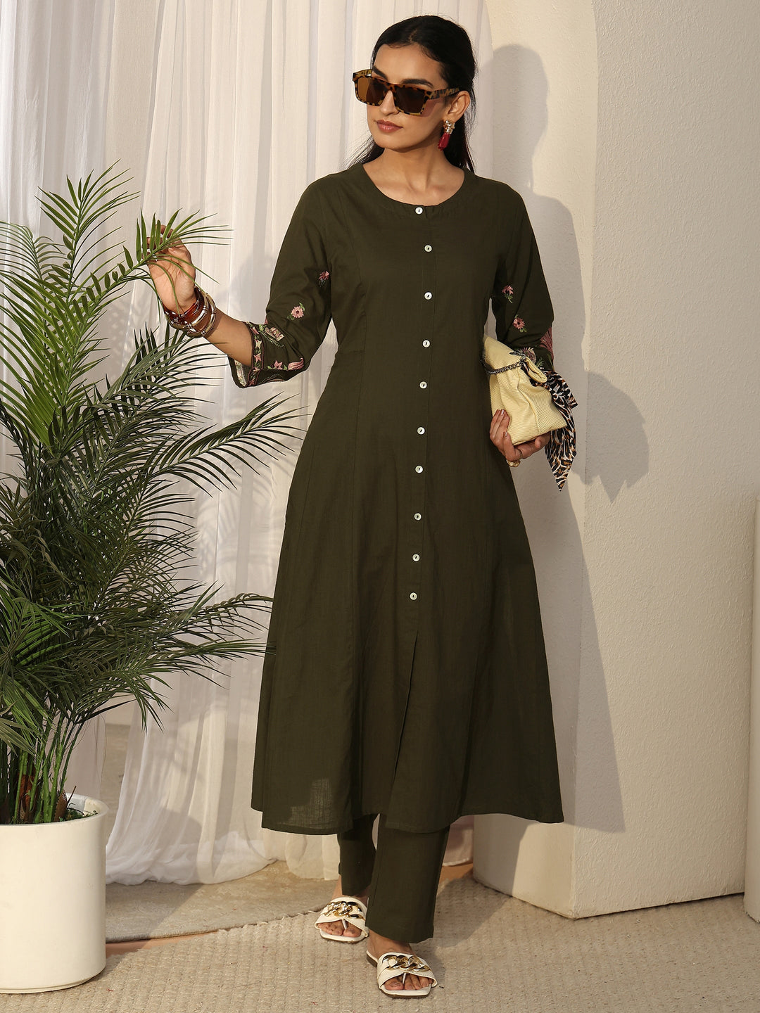 Libas Olive Green Cotton Co-Ord Set