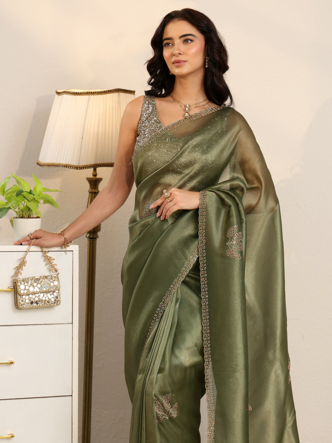  Libas Olive Green Embellished Organza Saree 