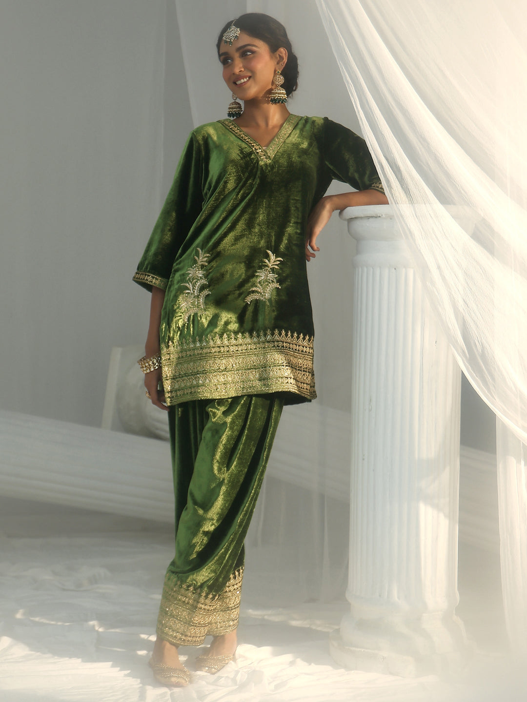  Libas Olive Green Embroidered Velvet Co-Ord Set 