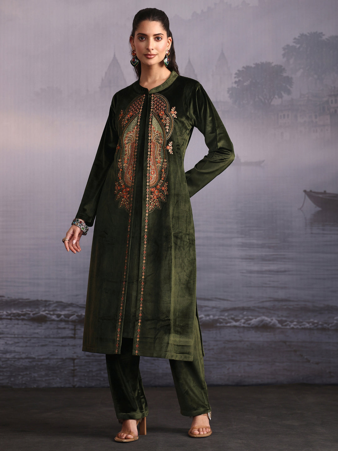 Libas Olive Green Ethnic Embroidered Velvet Straight Kurta Set