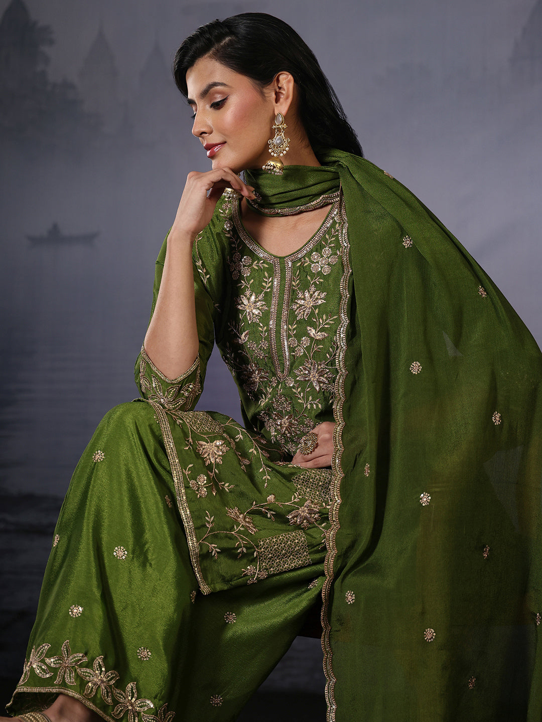Libas Olive Green Floral Embroidered Chinon Palazzo Suit Set