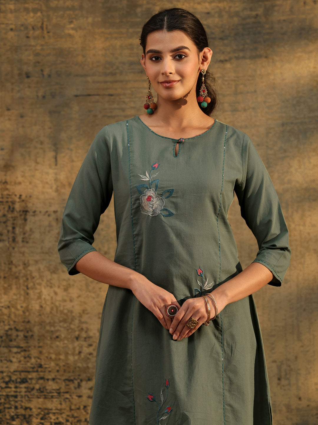  Libas Olive Green Floral Embroidered Cotton Co-Ord Set 
