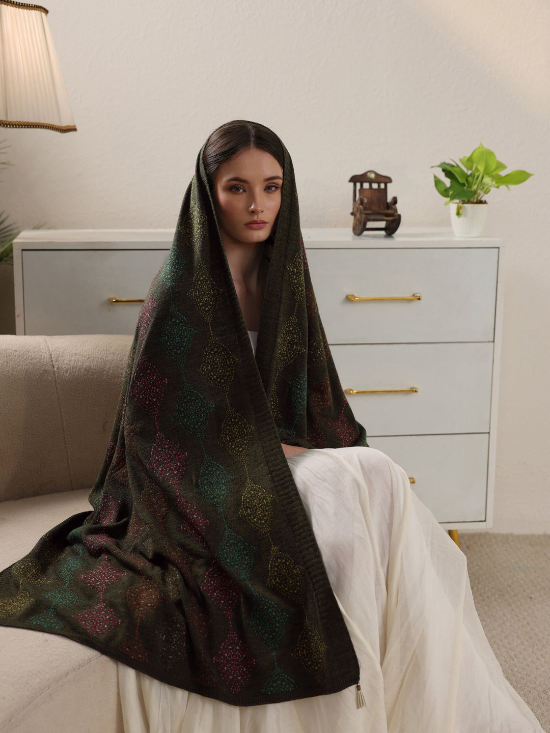  Libas Olive Green Geometric Knitted Acrylic Wrap Shawl 