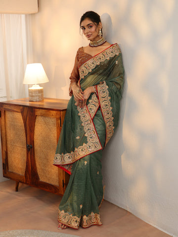 Libas Olive Green Net Saree with Embellished Paisley Border