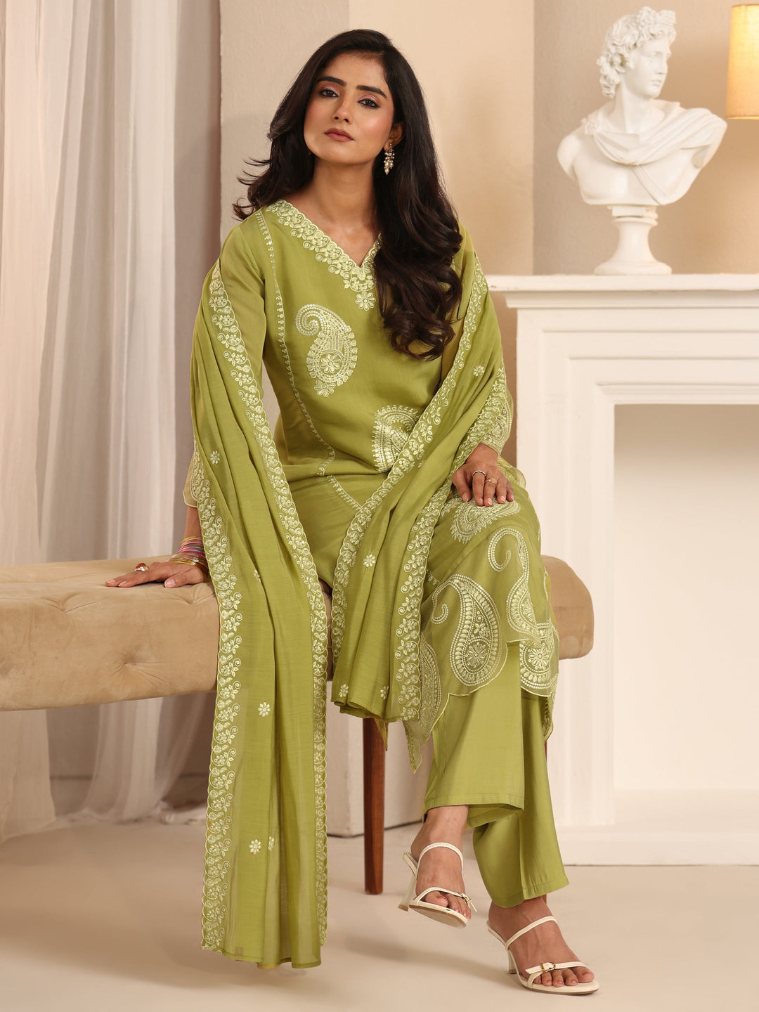  Libas Olive Green Paisley Embroidered Chanderi Cotton Straight Suit Set 