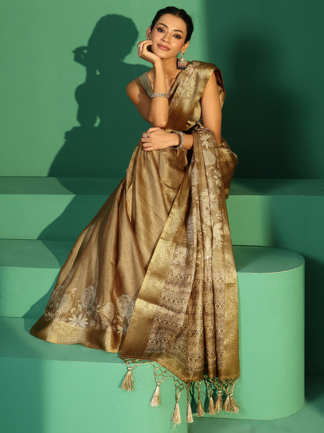  Libas Olive Green Pichwai Tree Print Silk Blend Saree 