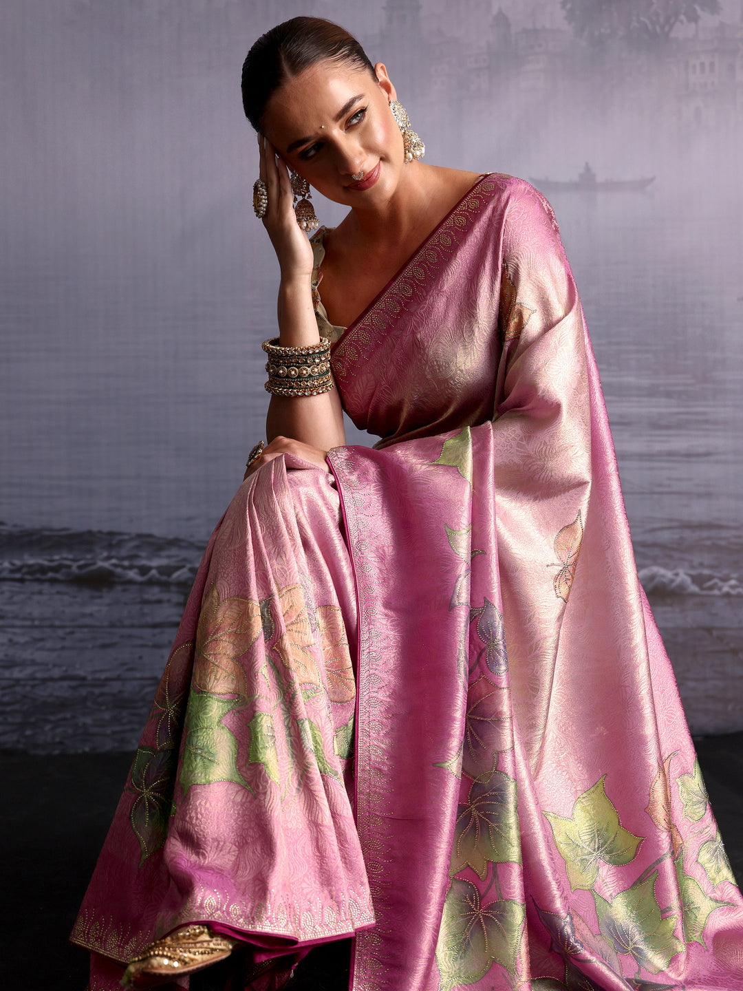 Libas Ombre Carnation Pink Floral Printed Silk Blend Saree