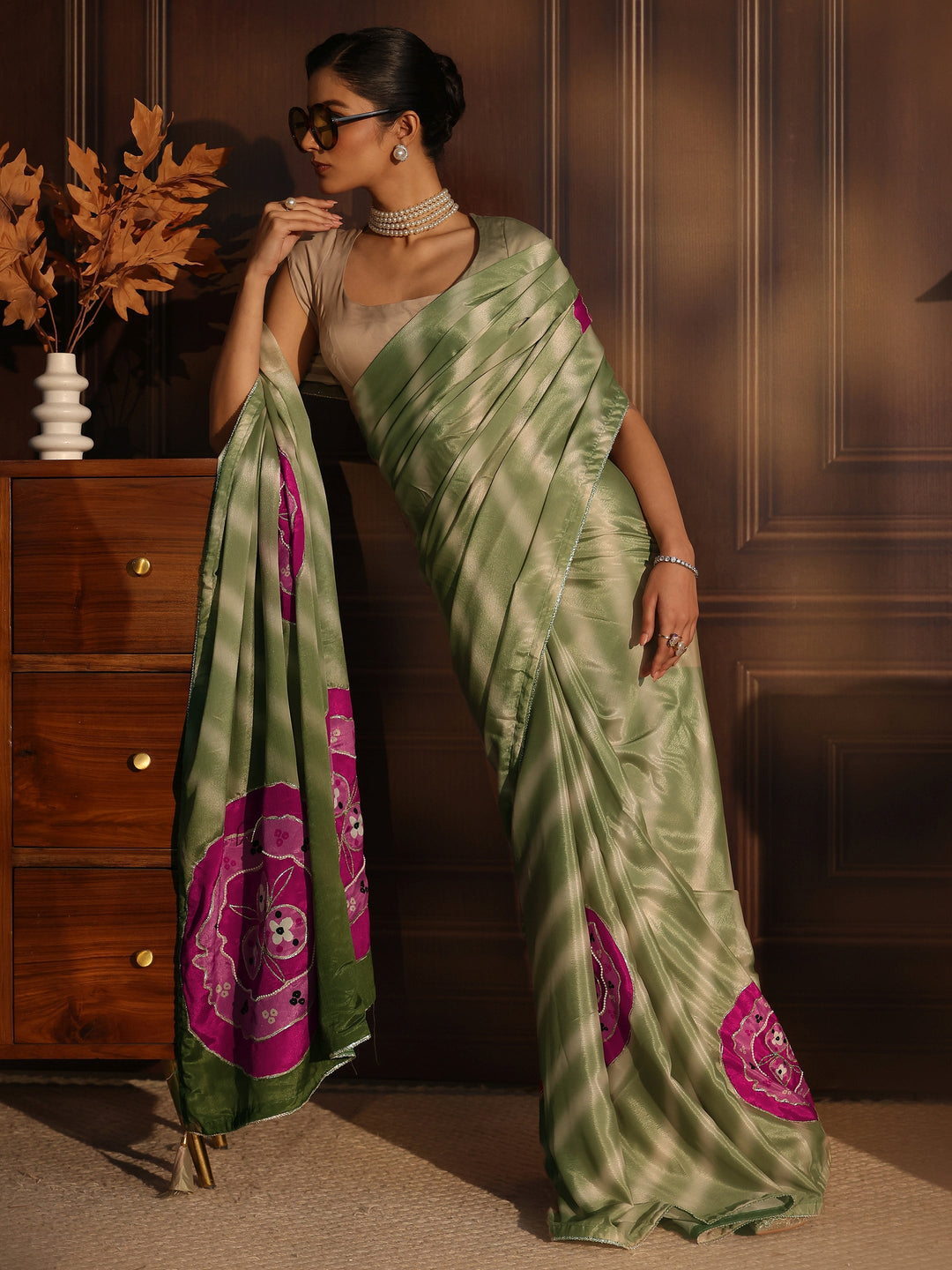 Libas Ombre Green Printed Silk Blend Saree with Applique Work