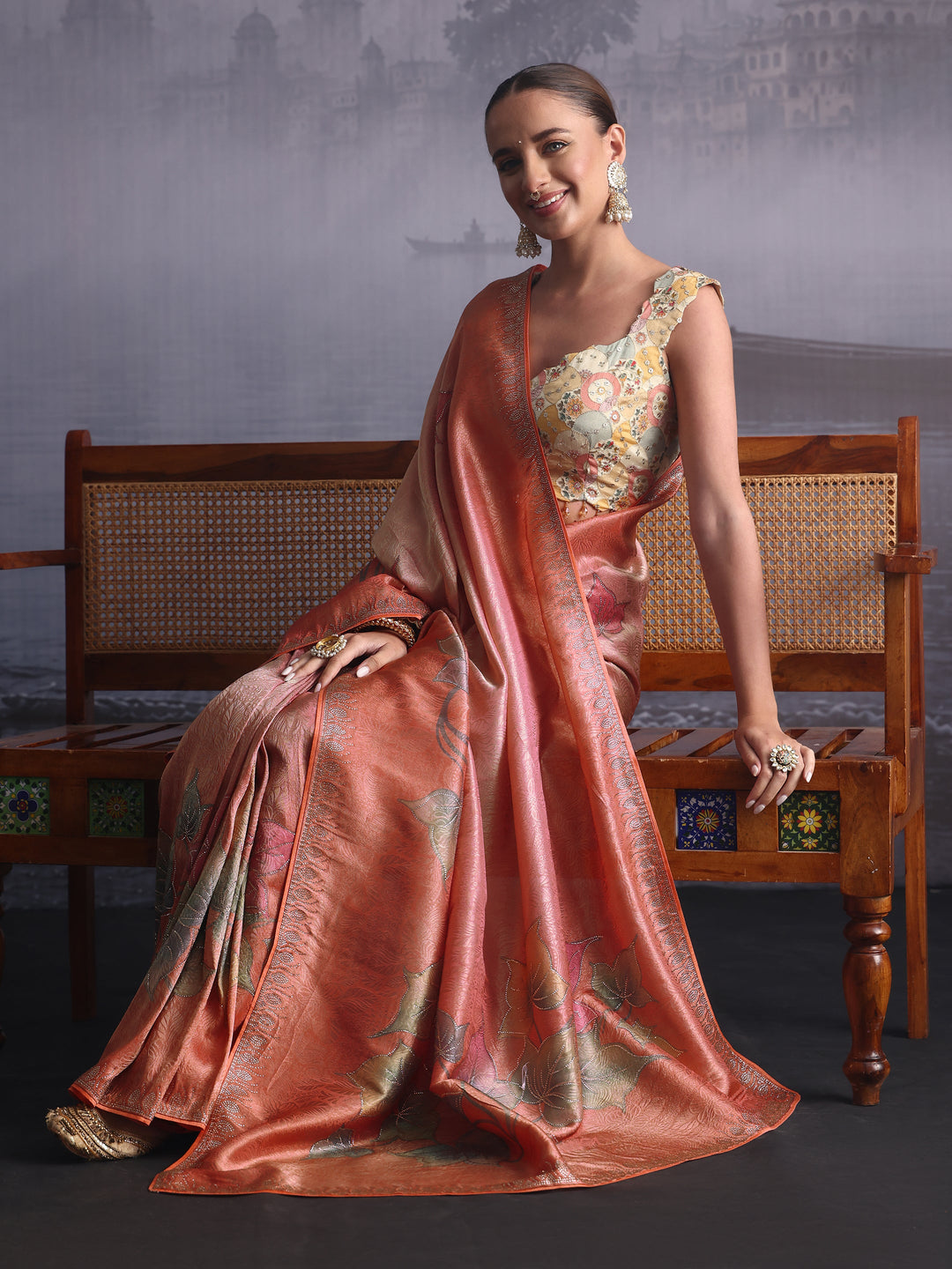 Libas Ombre Peach Floral Printed Silk Blend Saree