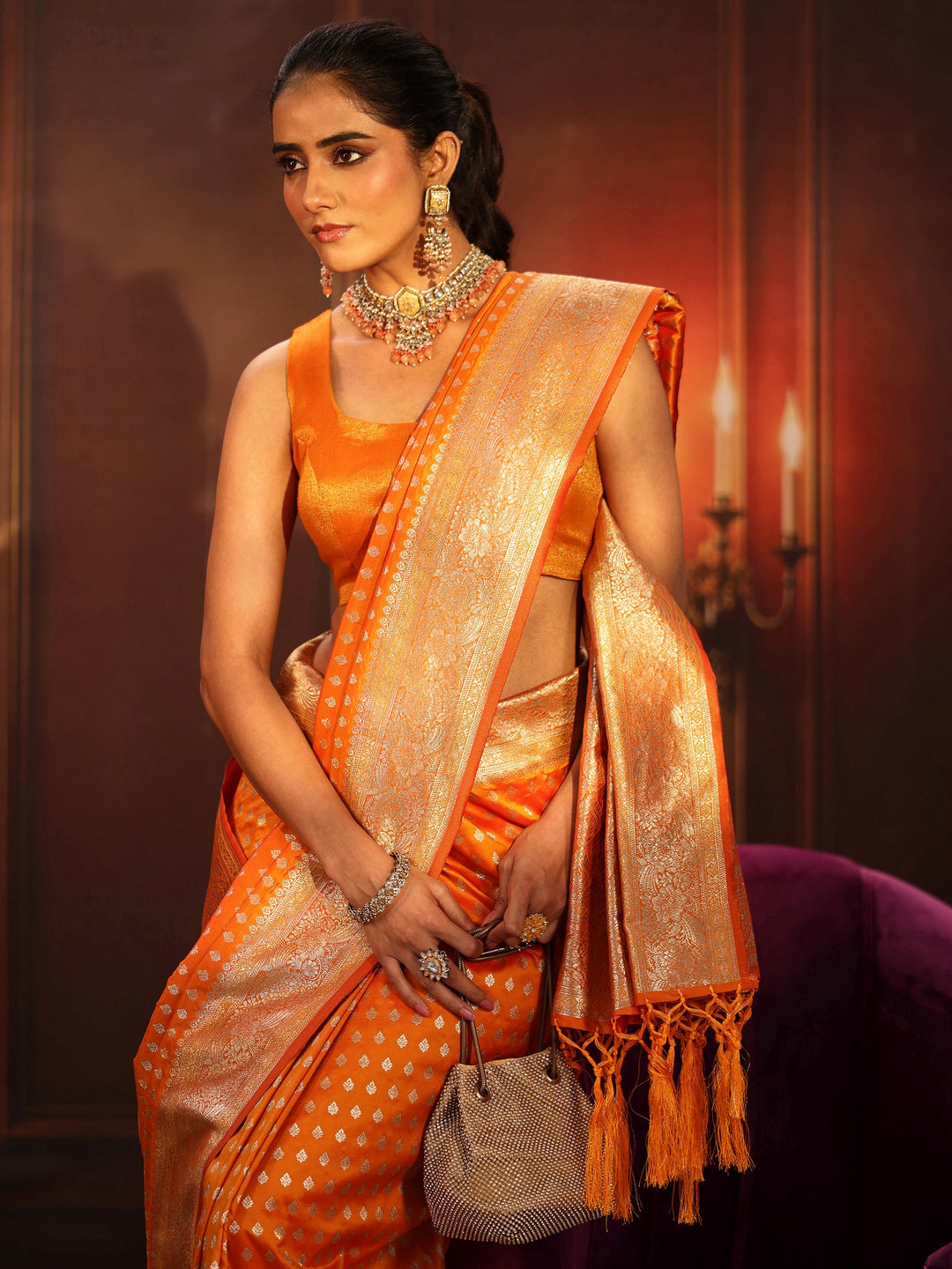  Libas Orange Banarasi Silk Blend Saree 