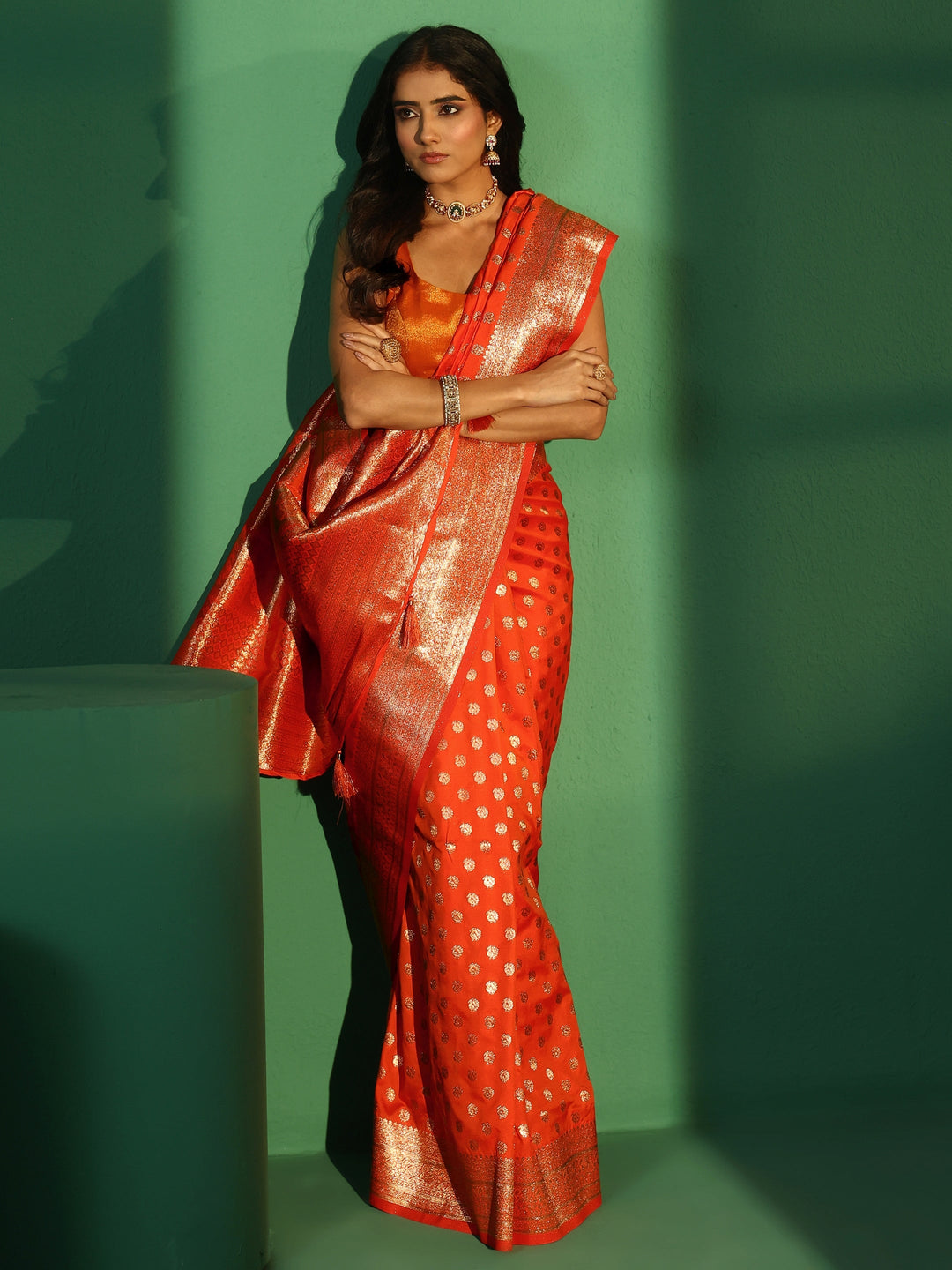  Libas Orange Banarasi Silk Blend Saree 
