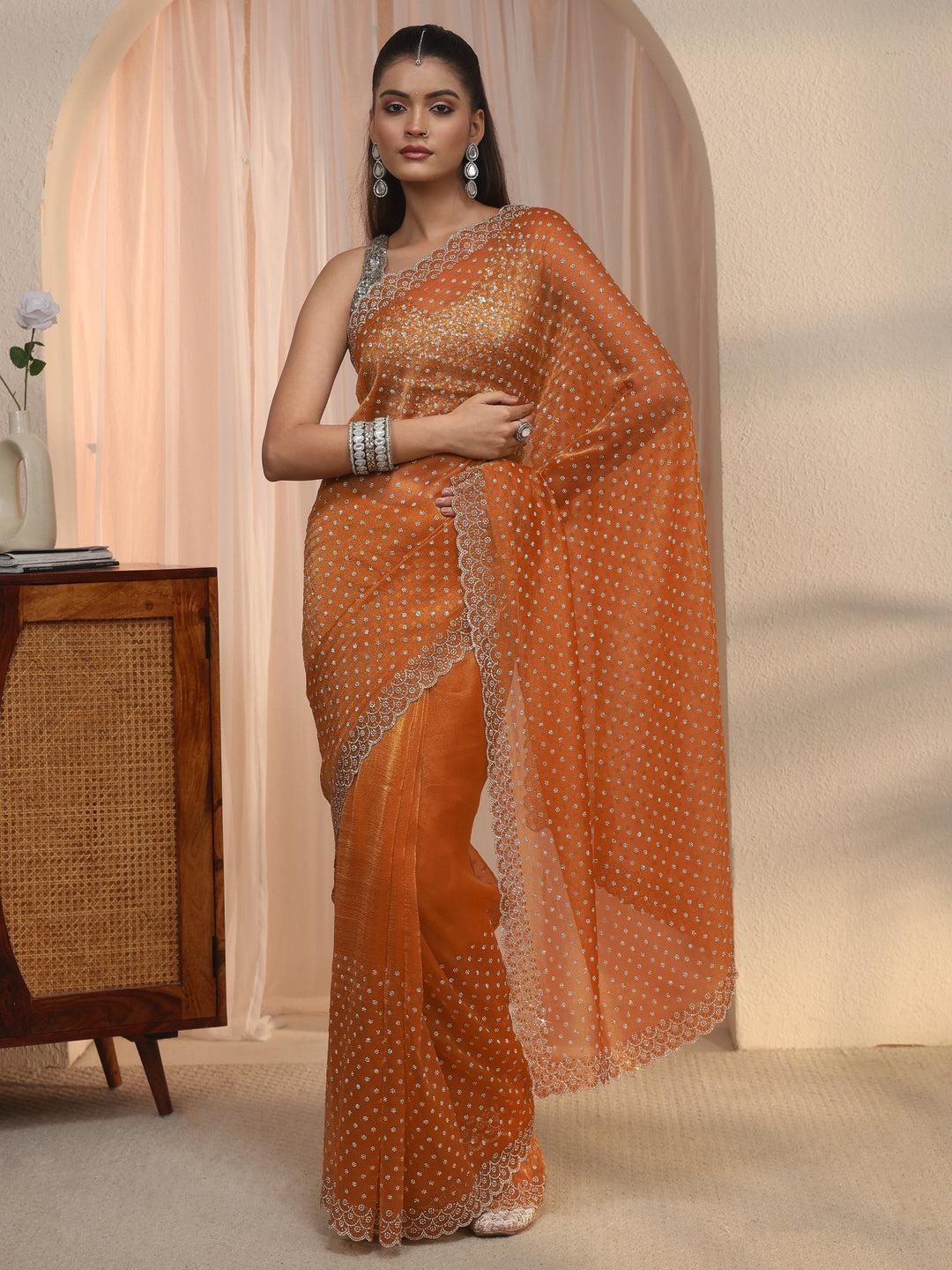  Libas Orange Embellished Tissue Saree with Scalloped Border 