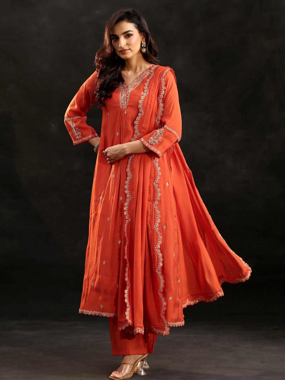  Libas Orange Embroidered Chanderi Cotton A-Line Suit Set 