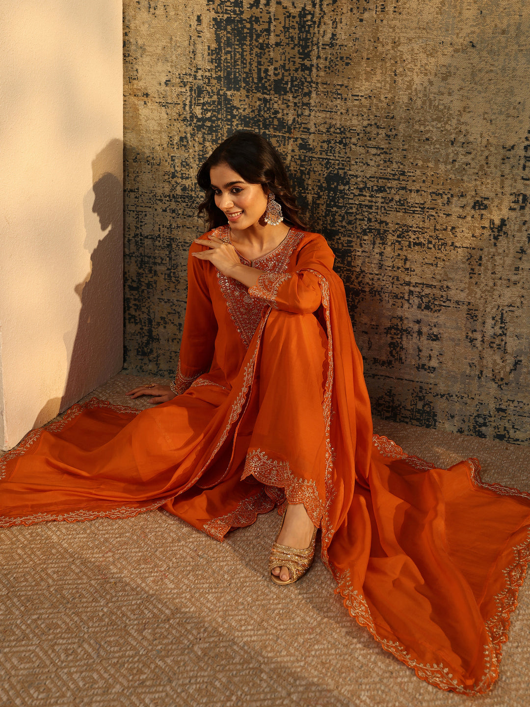  Libas Orange Embroidered Chanderi Cotton Anarkali Palazzo Suit Set 