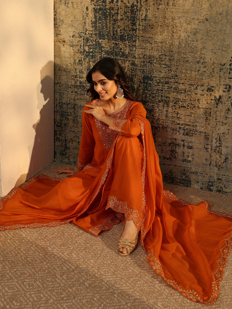 Libas Orange Embroidered Chanderi Cotton Anarkali Palazzo Suit Set