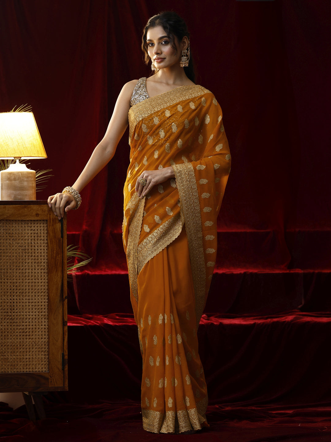  Libas Orange Embroidered Georgette Saree 