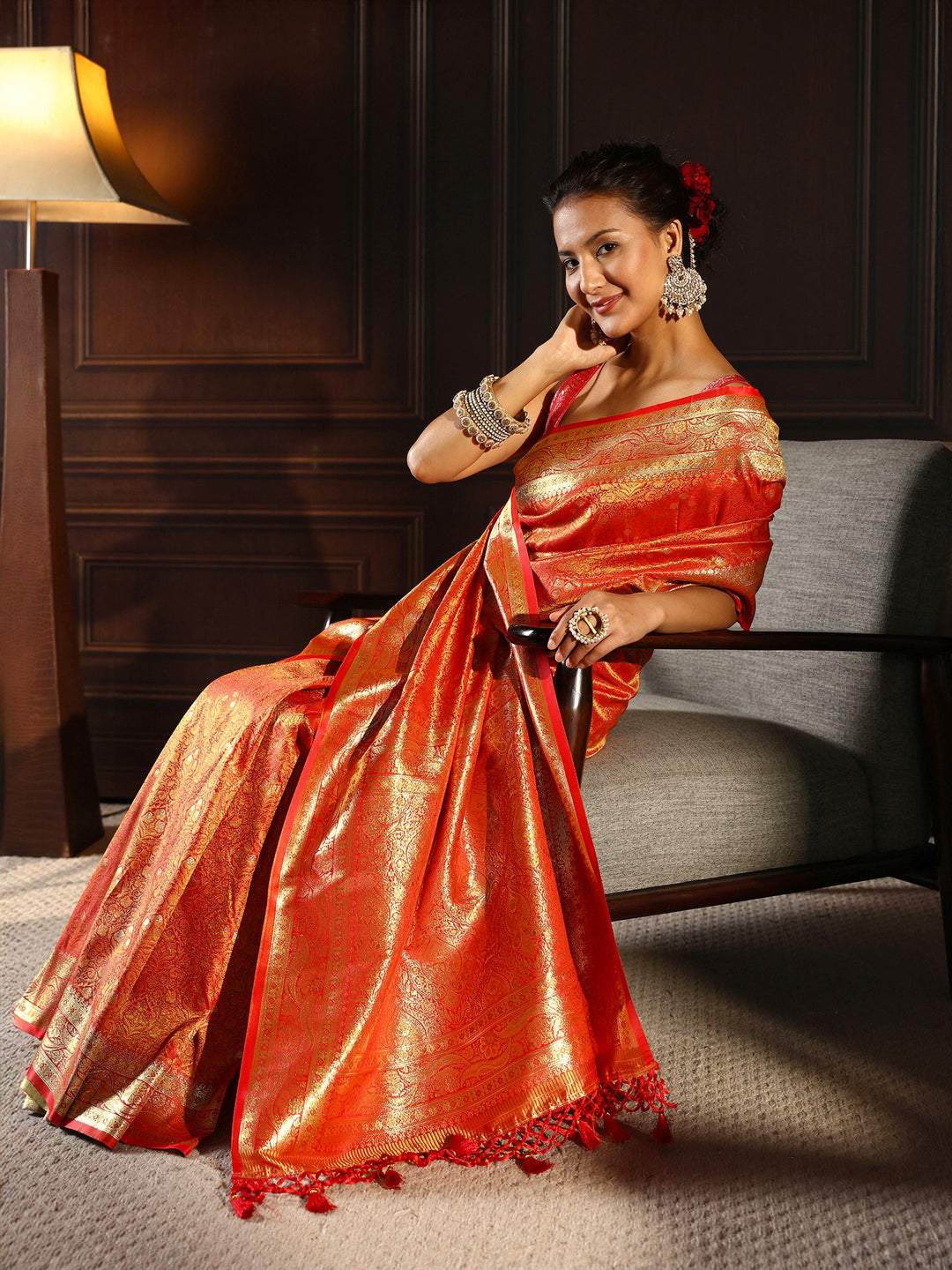  Libas Orange Ethnic Brocade Tassel Saree 