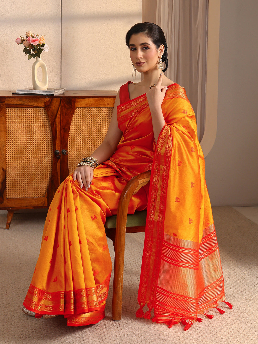  Libas Orange Ethnic Woven Design Silk Blend Tassel Saree 