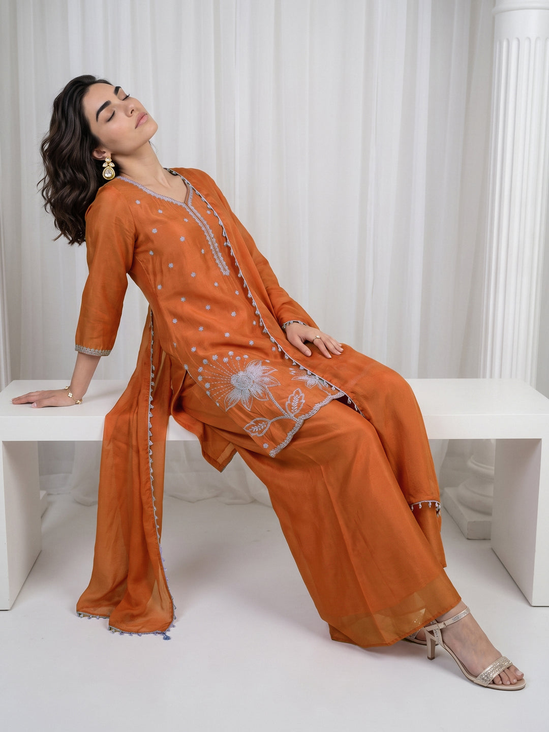  Libas Orange Floral Embellished Chinon Palazzo Suit Set 