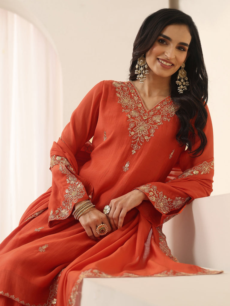 Libas Orange Floral Embroidered Chanderi Cotton Sharara Suit Set