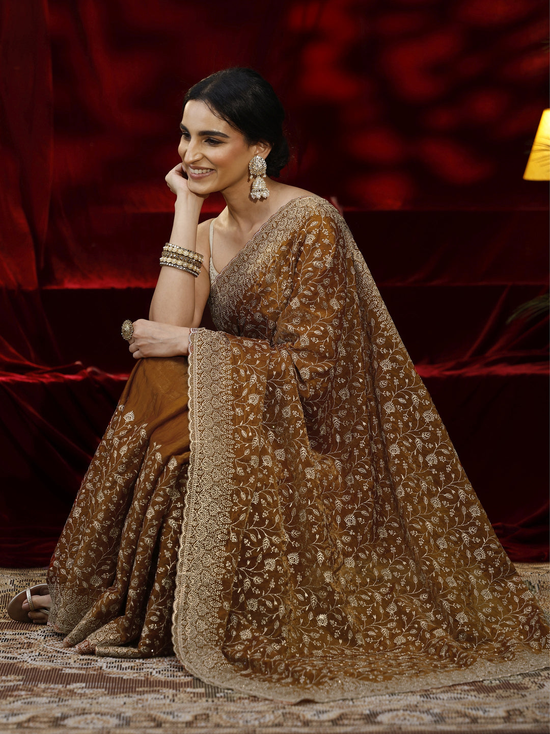  Libas Orange Floral Embroidered Georgette Saree 