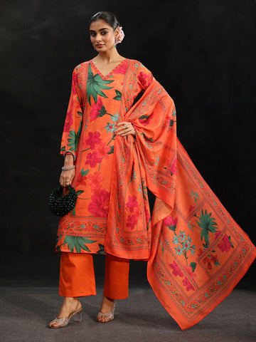 Libas Orange Floral Printed Cotton Blend Straight Suit Set