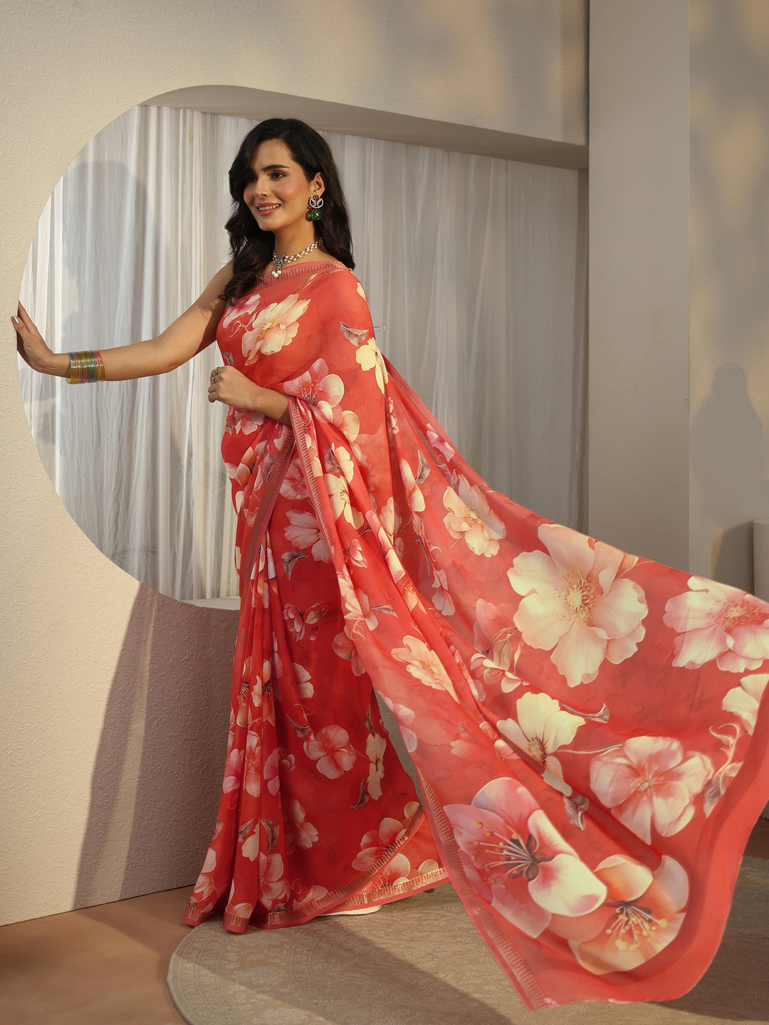  Libas Orange Floral Printed Silk Blend Saree 