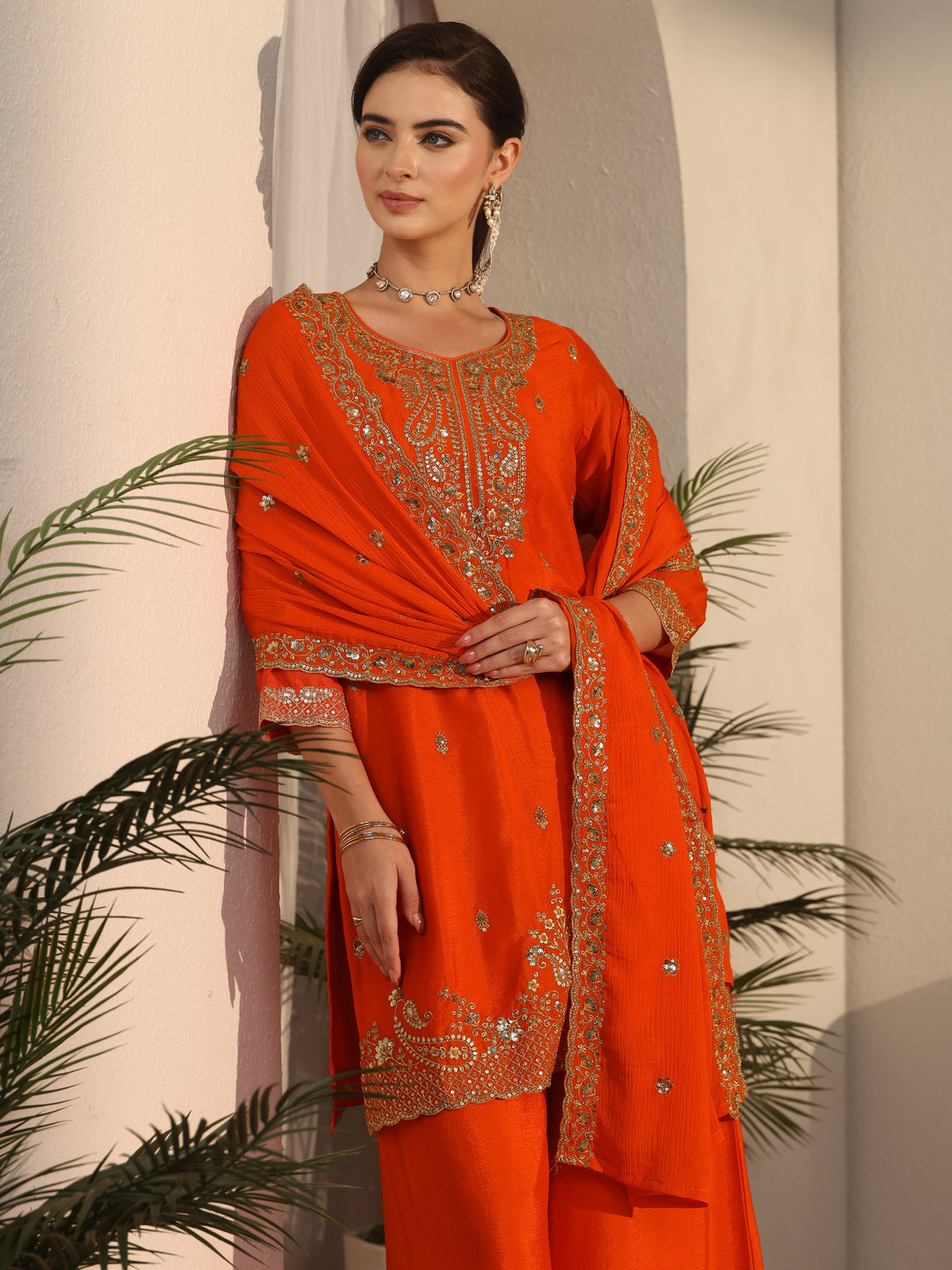 Libas Orange Sequin Embellished Chinon Palazzo Suit Set