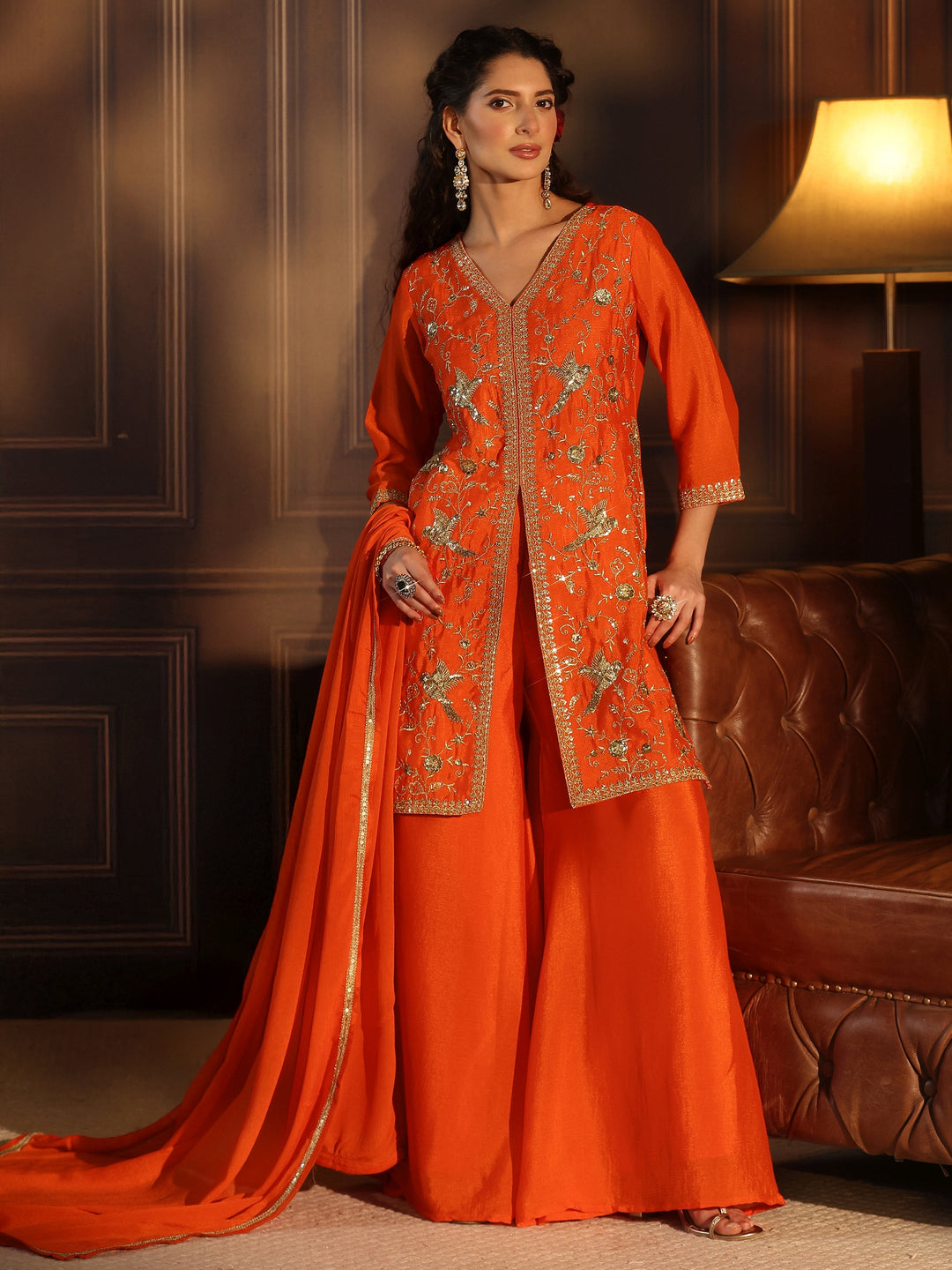  Libas Orange Sequin Embellished Chinon Palazzo Suit Set 
